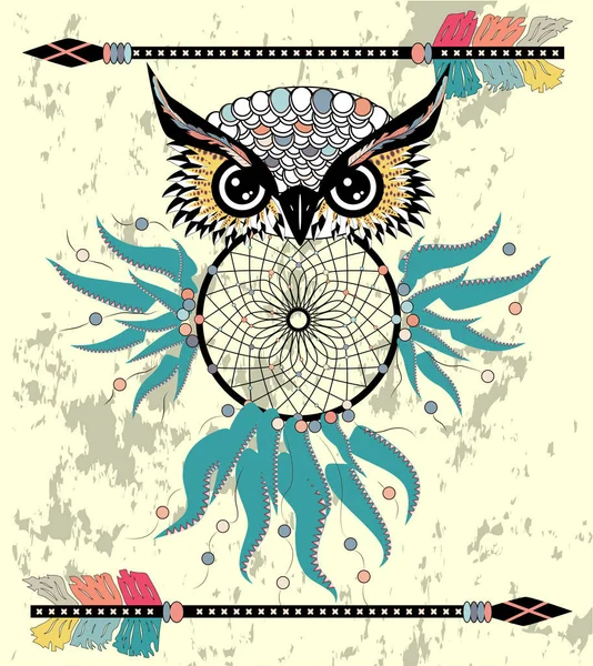 Tekening Uil Met Tribal Pijlen Dream Catcher — Stockvector