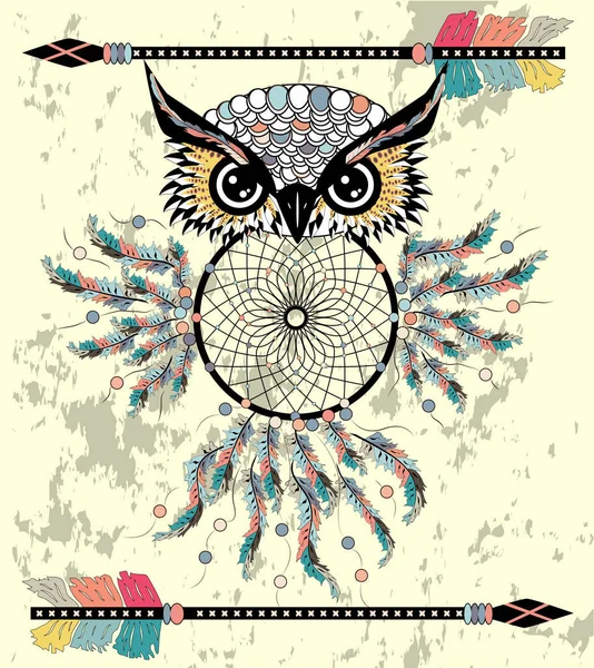 Tekening Uil Met Tribal Pijlen Dream Catcher — Stockvector