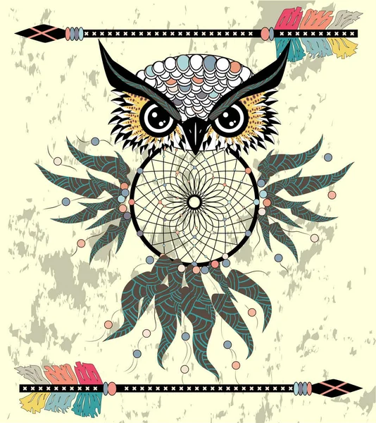 Tekening Uil Met Tribal Pijlen Dream Catcher — Stockvector