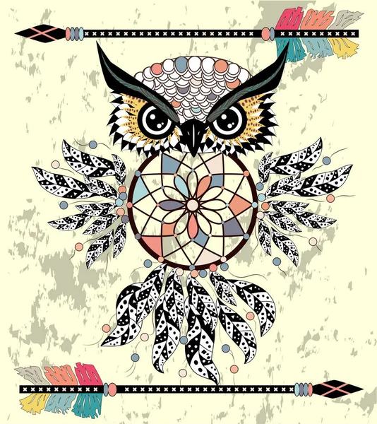 Tekening Uil Met Tribal Pijlen Dream Catcher — Stockvector