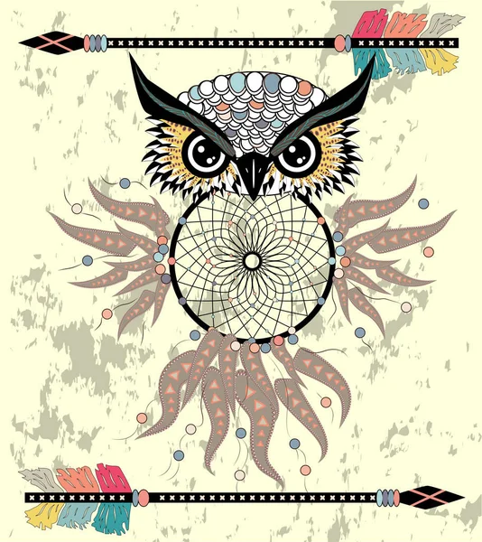 Tekening Uil Met Tribal Pijlen Dream Catcher — Stockvector