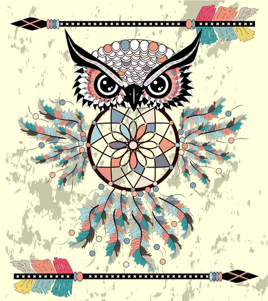 Tekening Uil Met Tribal Pijlen Dream Catcher — Stockvector