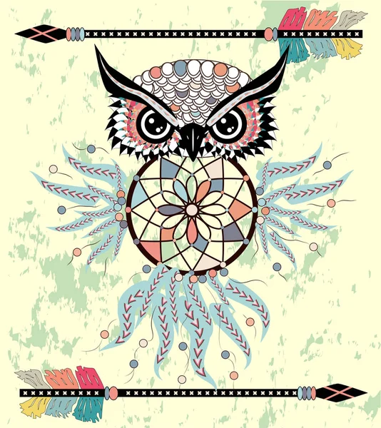 Tekening Uil Met Tribal Pijlen Dream Catcher — Stockvector