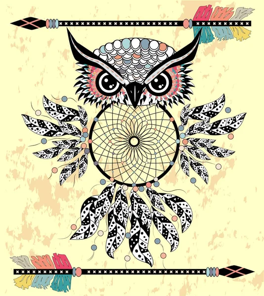 Tekening Uil Met Tribal Pijlen Dream Catcher — Stockvector