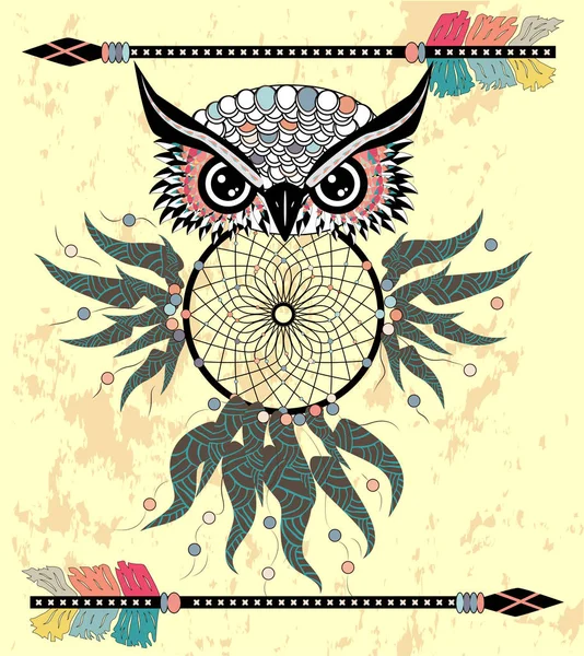 Tekening Uil Met Tribal Pijlen Dream Catcher — Stockvector