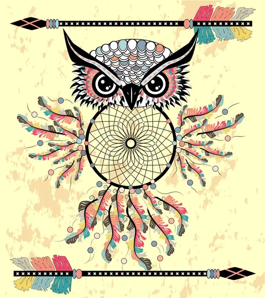 Tekening Uil Met Tribal Pijlen Dream Catcher — Stockvector