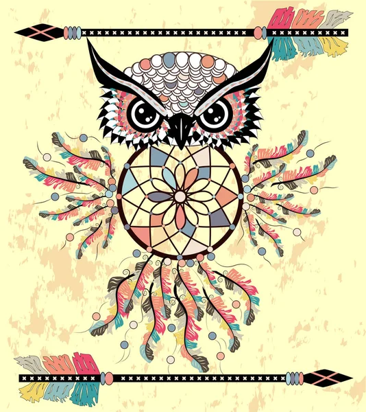 Tekening Uil Met Tribal Pijlen Dream Catcher — Stockvector