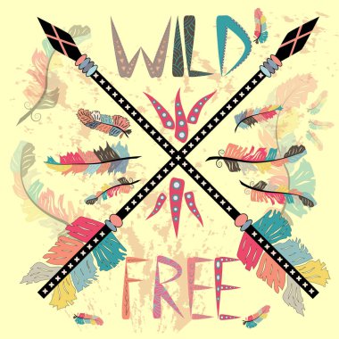 El çekilmiş kabile etiket çapraz ok illüstrasyon ve vahşi, ücretsiz ilham verici yazı ile.