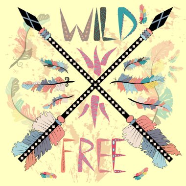 El çekilmiş kabile etiket çapraz ok illüstrasyon ve vahşi, ücretsiz ilham verici yazı ile.