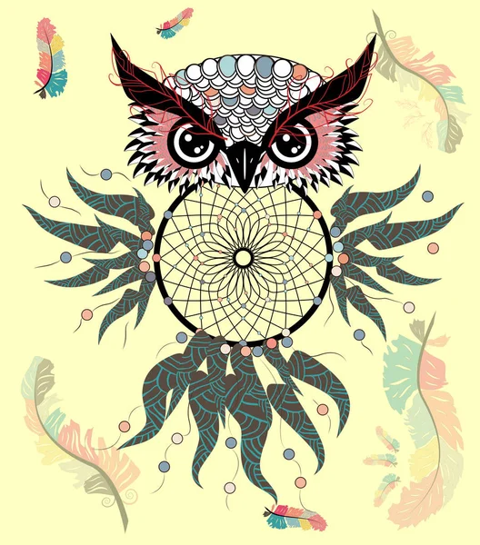 Tekening Uil Met Dream Catcher Veren — Stockvector