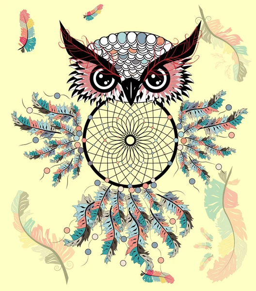 Tekening Uil Met Dream Catcher Veren — Stockvector