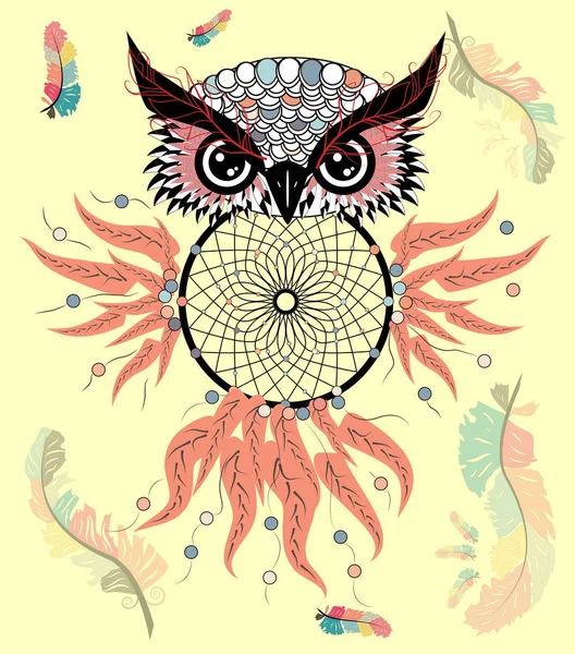 Tekening Uil Met Dream Catcher Veren — Stockvector