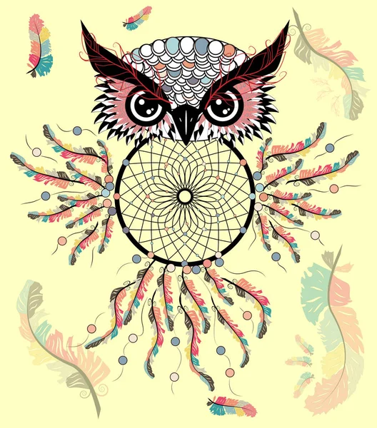 Tekening Uil Met Dream Catcher Veren — Stockvector