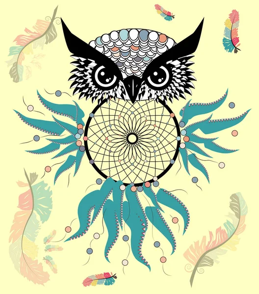 Tekening Uil Met Dream Catcher Veren — Stockvector