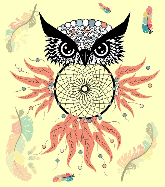 Tekening Uil Met Dream Catcher Veren — Stockvector