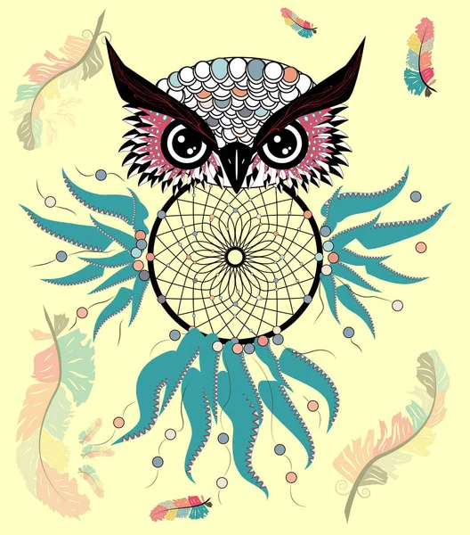 Tekening Uil Met Dream Catcher Veren — Stockvector