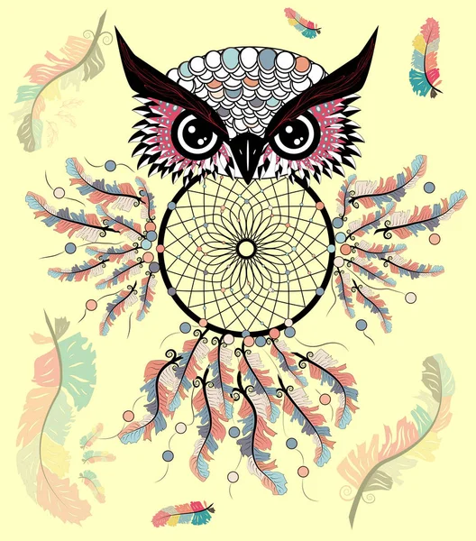 Tekening Uil Met Dream Catcher Veren — Stockvector