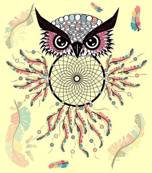 Tekening Uil Met Dream Catcher Veren — Stockvector