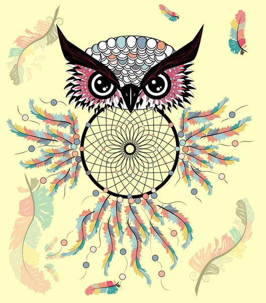 Tekening Uil Met Dream Catcher Veren — Stockvector