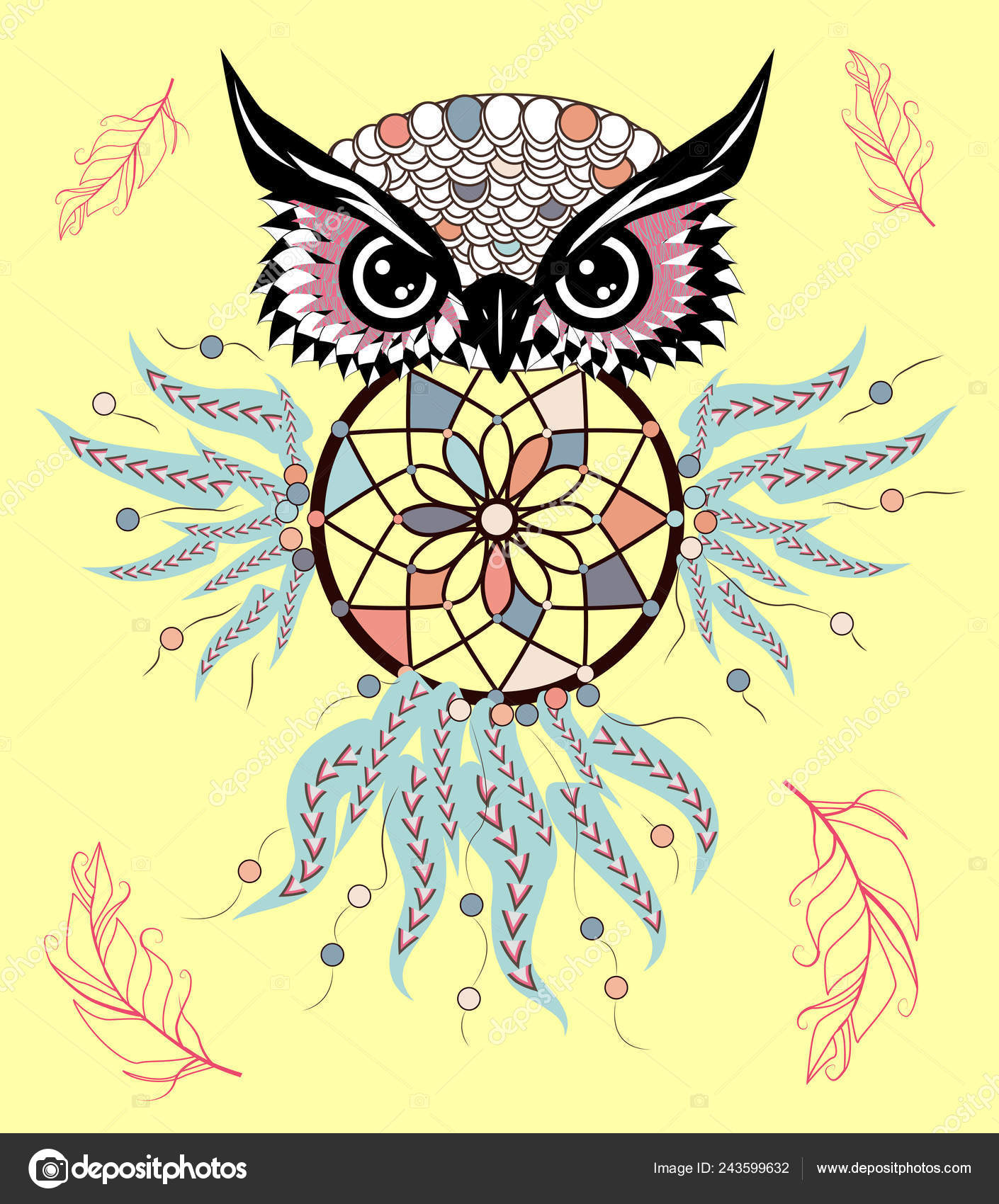 Cazador Sueños Buho Arte Del Tatuaje Símbolo Místico Resumen Plumas