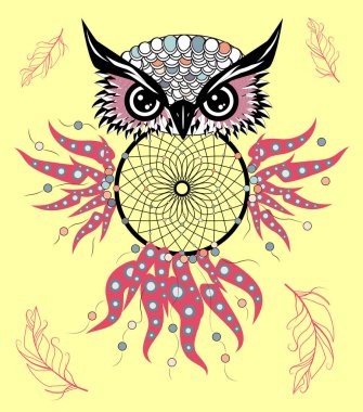 Düş kapanı. Baykuş. Sanat, mistik sembol dövme. Soyut tüyler. Yazdırın. Amerikan yerlileri sembolü. Yetişkinler için manevi rahatlama için tasarım