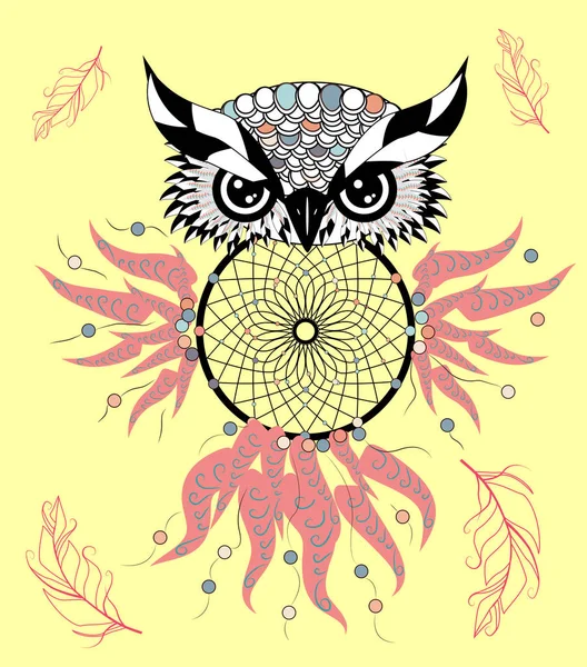 追梦人猫头鹰 纹身艺术 神秘的象征 抽象的羽毛 美国印第安人的象征 成人精神放松的设计 — 图库矢量图片