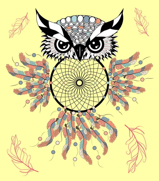 Attrape Rêves Hibou Tatouage Symbole Mystique Des Plumes Abstraites Une — Image vectorielle