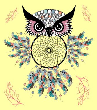 Düş kapanı ile sanatsal baykuş. Grafik Sanatlar, dotwork