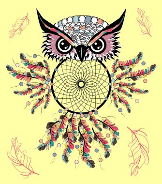 Düş kapanı ile sanatsal baykuş. Grafik Sanatlar, dotwork