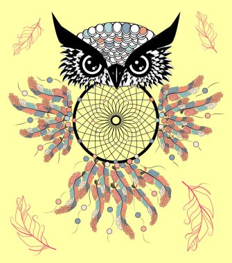 Desenli baykuş grunge arka plan üzerinde. Afrika Hint totem dövme tasarım