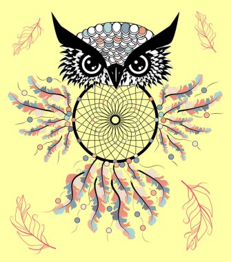 Desenli baykuş grunge arka plan üzerinde. Afrika Hint totem dövme tasarım