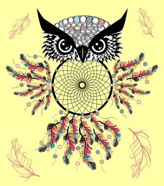 Desenli baykuş grunge arka plan üzerinde. Afrika Hint totem dövme tasarım