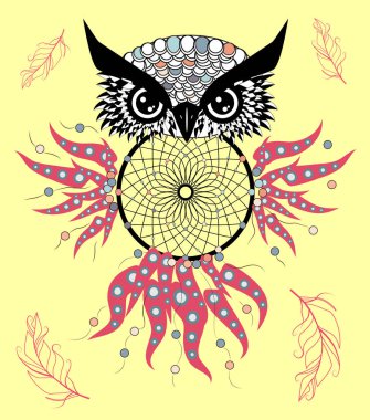 Kabile oklarla Boho tarzı renkli baykuş. resimde. Rüya yakalayıcı ile bohem kabile baykuş. Totem baykuş