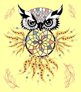 Kabile oklarla Boho tarzı renkli baykuş. resimde. Rüya yakalayıcı ile bohem kabile baykuş. Totem baykuş
