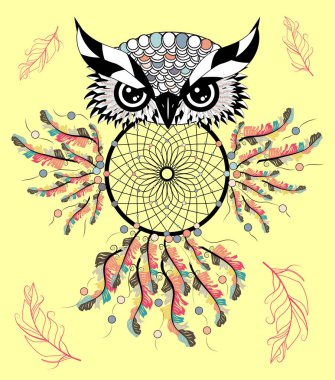 Kabile oklarla Boho tarzı renkli baykuş. resimde. Rüya yakalayıcı ile bohem kabile baykuş. Totem baykuş