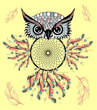 Kabile oklarla Boho tarzı renkli baykuş. resimde. Rüya yakalayıcı ile bohem kabile baykuş. Totem baykuş