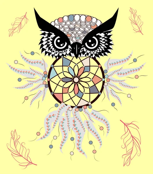 Boho Stijl Gekleurde Uil Met Tribal Pijlen Illustratie Boheemse Tribal — Stockvector