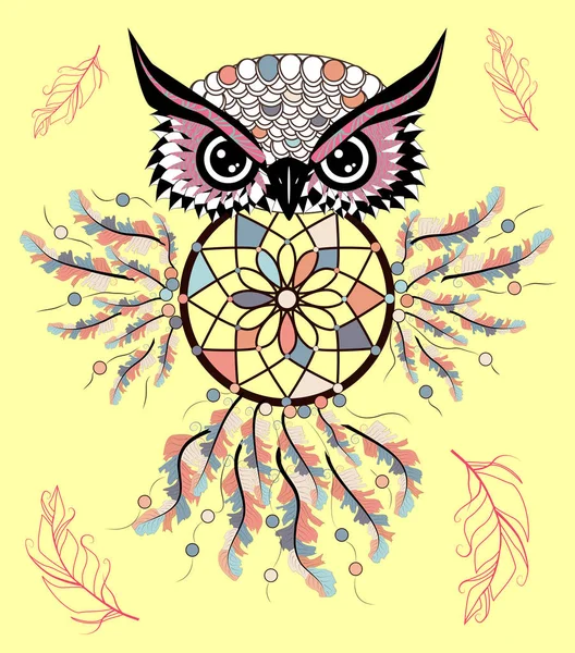 Hibou Couleur Style Boho Avec Des Flèches Tribales Illustration Chouette — Image vectorielle