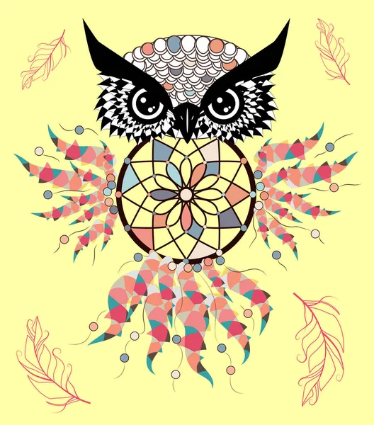 Boho Stijl Gekleurde Uil Met Tribal Pijlen Illustratie Boheemse Tribal — Stockvector