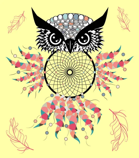 Hibou Couleur Style Boho Avec Des Flèches Tribales Illustration Chouette — Image vectorielle