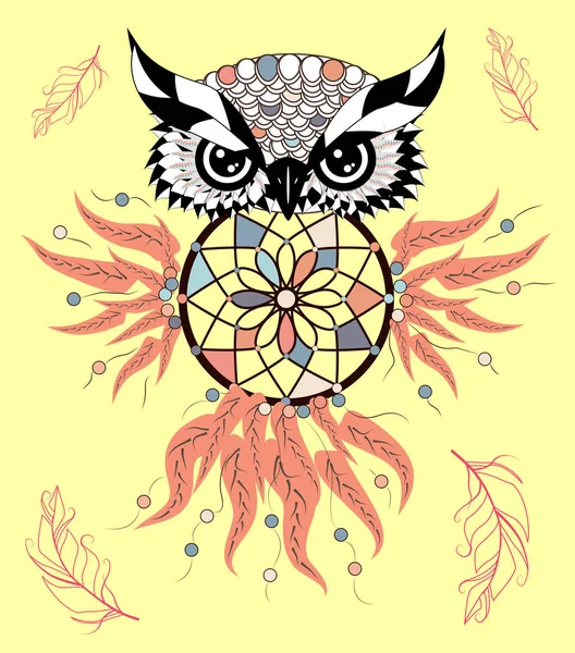 Boho Stijl Gekleurde Uil Met Tribal Pijlen Illustratie Boheemse Tribal — Stockvector