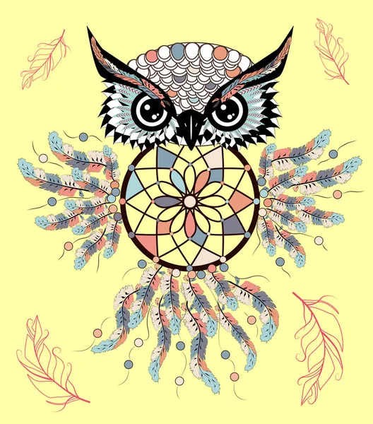 Hand Getekend Gedetailleerde Sierlijke Uil Met Dream Catcher Zentangle Stijl — Stockvector