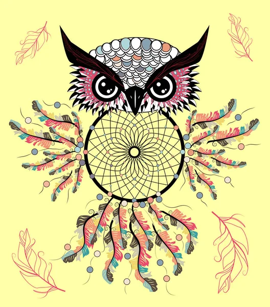 Dream Catcher Met Uil Boho Stijl Totem Dier — Stockvector