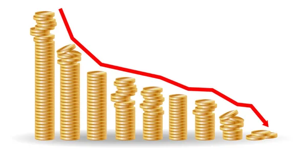 Diminuzione Mucchi Monete Con Andare Giù Grafico Concetto Caduta Finanziaria — Vettoriale Stock