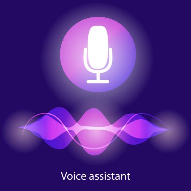 Kişisel asistan ve ses tanıma kavramı düz Illustration sembol ses akıllı teknolojiler. Mikrofon düğmesini parlak ses ve ses taklit çizgili