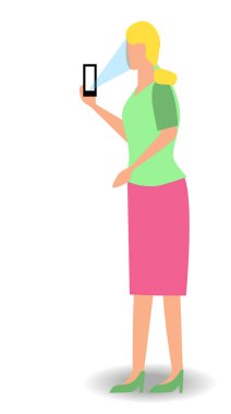 Selfie, piksel sanat alarak kız. Kadın video çekimi resmi telefon kamera manifatura telefon ekranı izlerken posta okuma görüntülü arama yapmak için kayıt. Akıllı telefon sohbet app. Messenger etiket. Canlı akışı vlog.