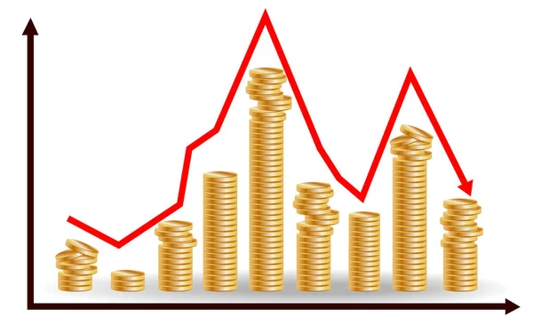 Diminuição Pilhas Moedas Com Gráfico Conceito Queda Financeira — Vetor de Stock