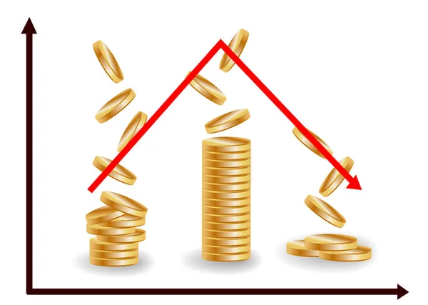 Diminuzione Mucchi Monete Con Andare Giù Grafico Concetto Caduta Finanziaria — Vettoriale Stock