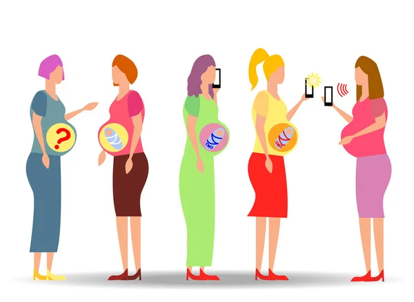 Een Groep Van Zwangere Vrouwen Zoek Naar Antwoorden Smartphones Vraag — Stockvector