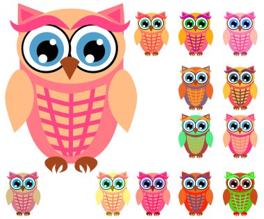 Sevimli çok renkli çizgi baykuşlar büyük kümesi için çocuklar, farklı tasarımlar, modaya uygun mercan rengi